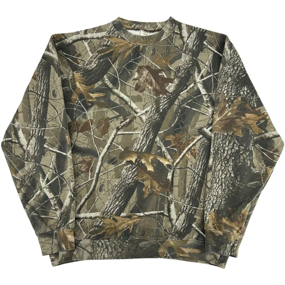 VTG Mens Liberty Realtree Hardwoods AOP Camo Fleece Blank Crewneck Sweatshirt~ L